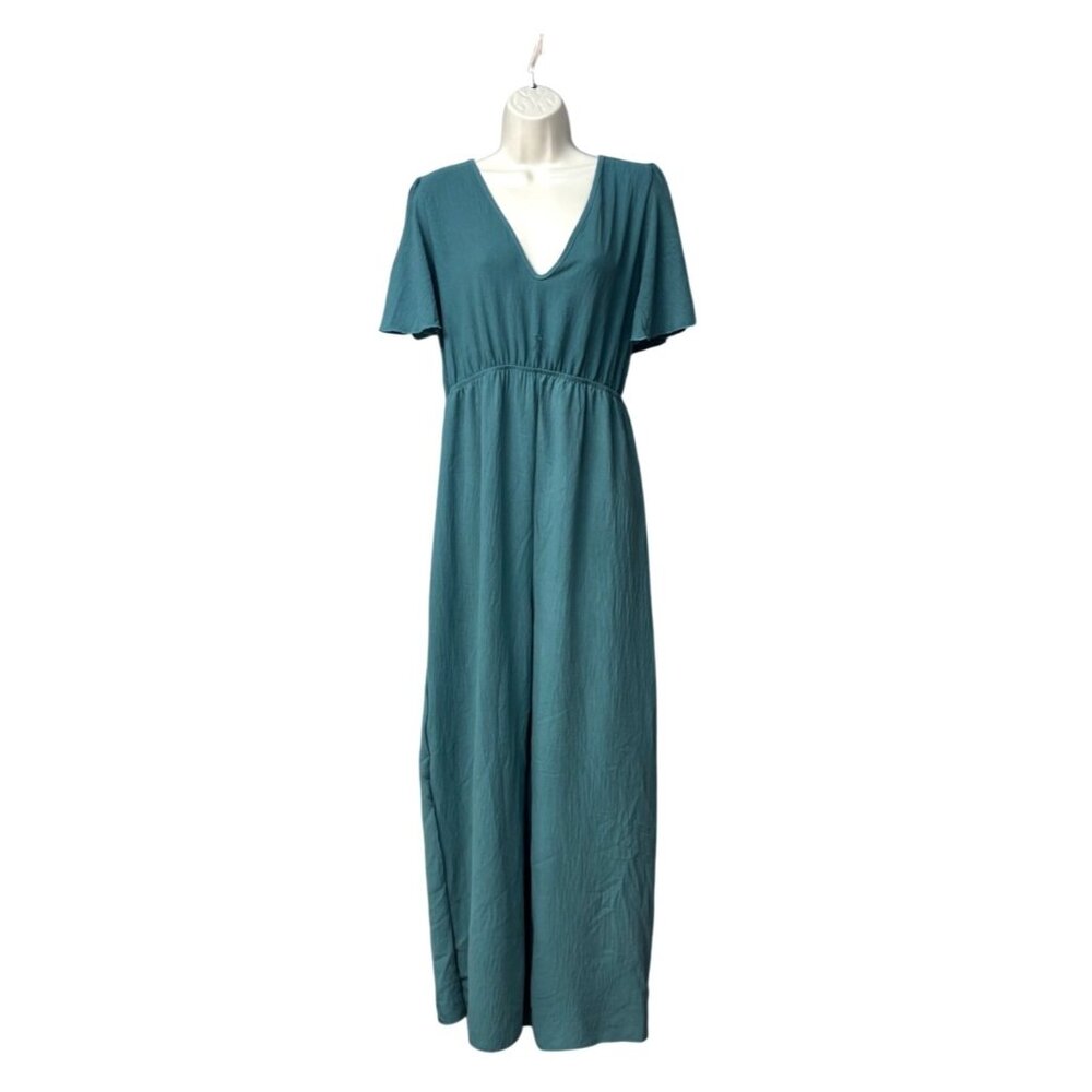 See You Monday Teal Green Flutter Sleeve V-Neck Wide Leg Jumpsuit, Sz. XL-TEAR